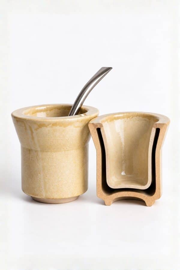 Mate de cerámica beige con bombilla junto a una pieza en sección que muestra su interior